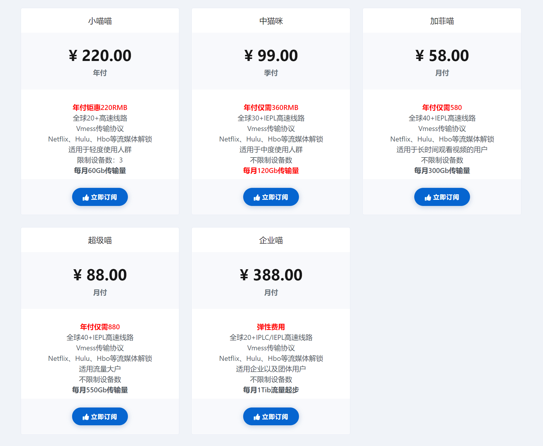 萌喵加速 Nirvana 机场 套餐价格